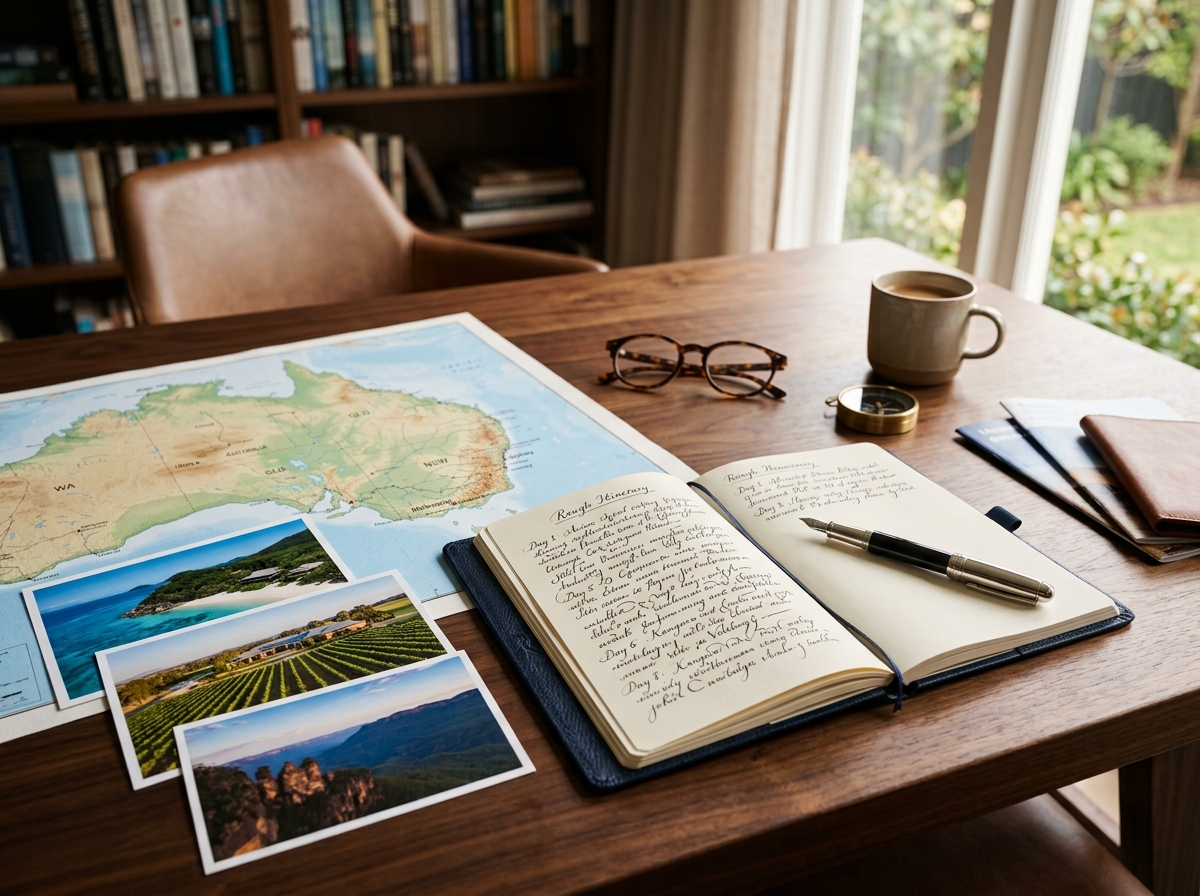 Australian travel planning desk with map and hotel imagery