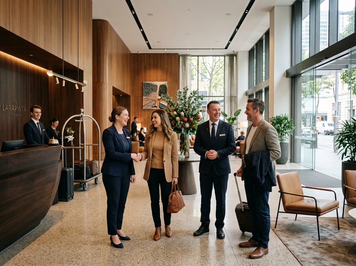 Hospitality team welcoming guests in a luxury Australian hotel lobby