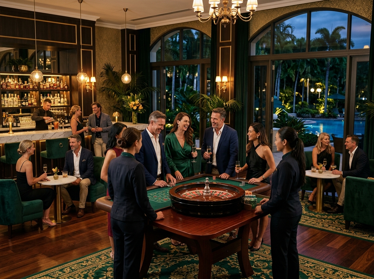 Emerald and gold tropical casino lounge for adult guests