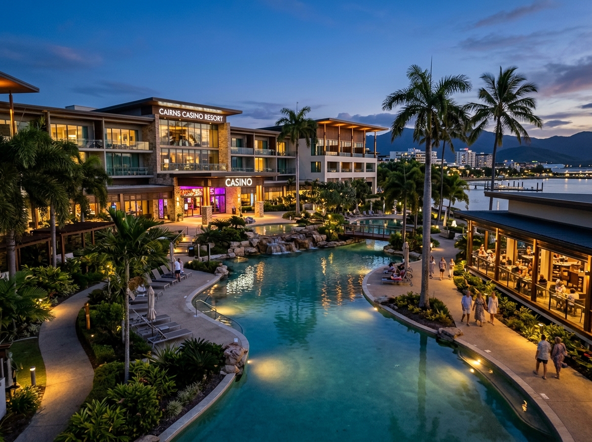 Tropical luxury resort in Cairns with palms and lagoon pool