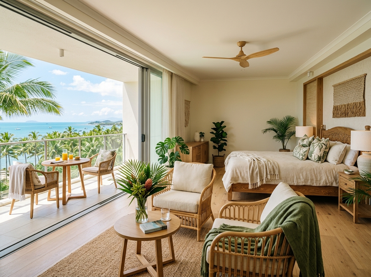 Bright tropical luxury suite in Cairns with balcony views