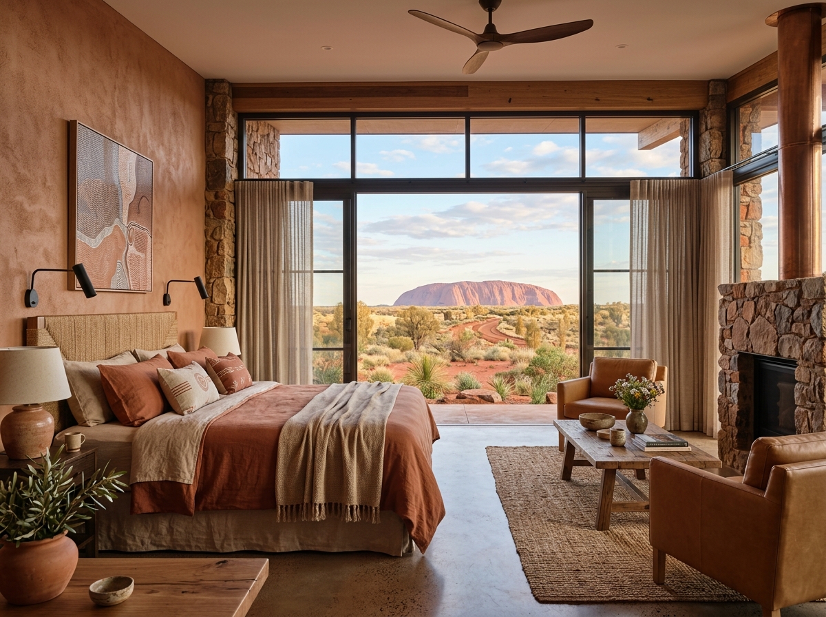 Red Centre inspired luxury resort room with desert views