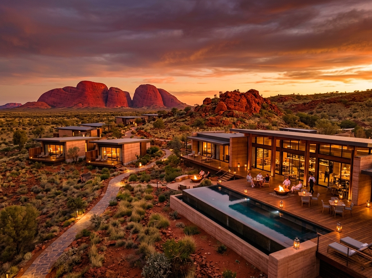 Luxury Australian Red Centre resort glowing at sunset