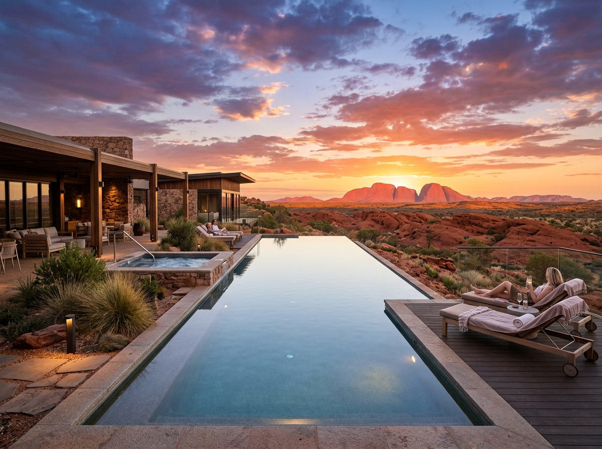Luxury spa pool overlooking the Australian desert at sunset