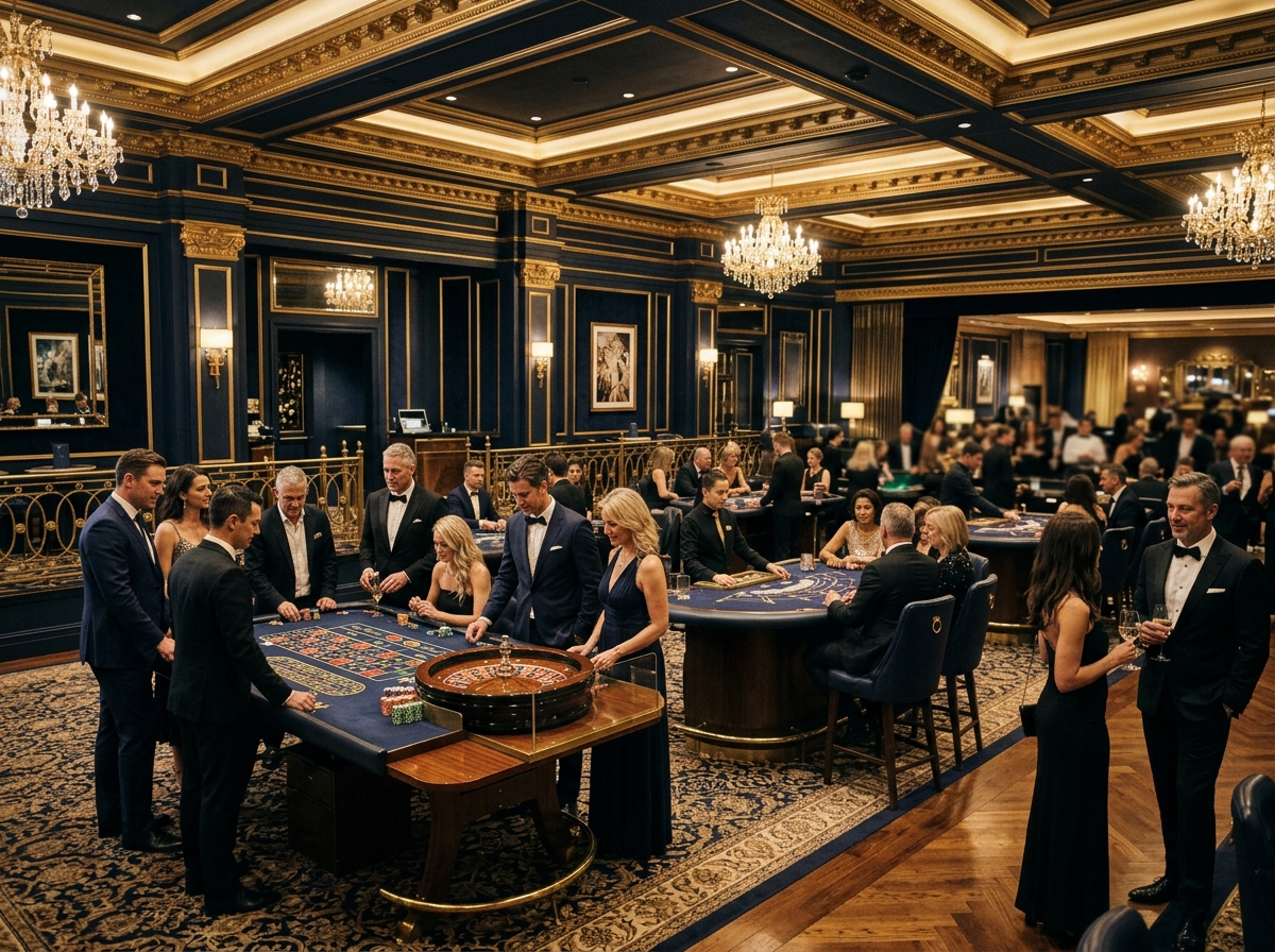 Elegant navy and gold casino interior for adult guests