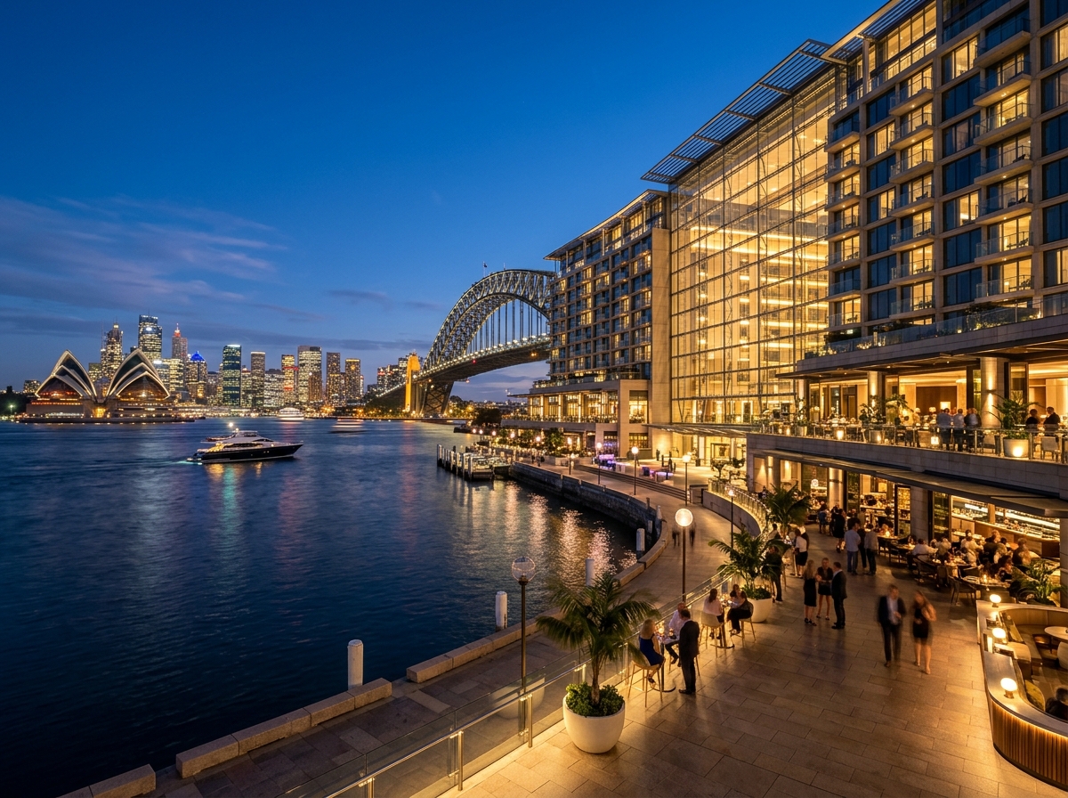Luxury waterfront hotel overlooking Sydney Harbour at blue hour