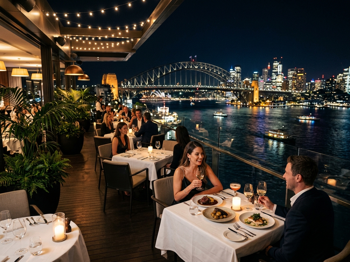 Rooftop restaurant overlooking Sydney Harbour at night