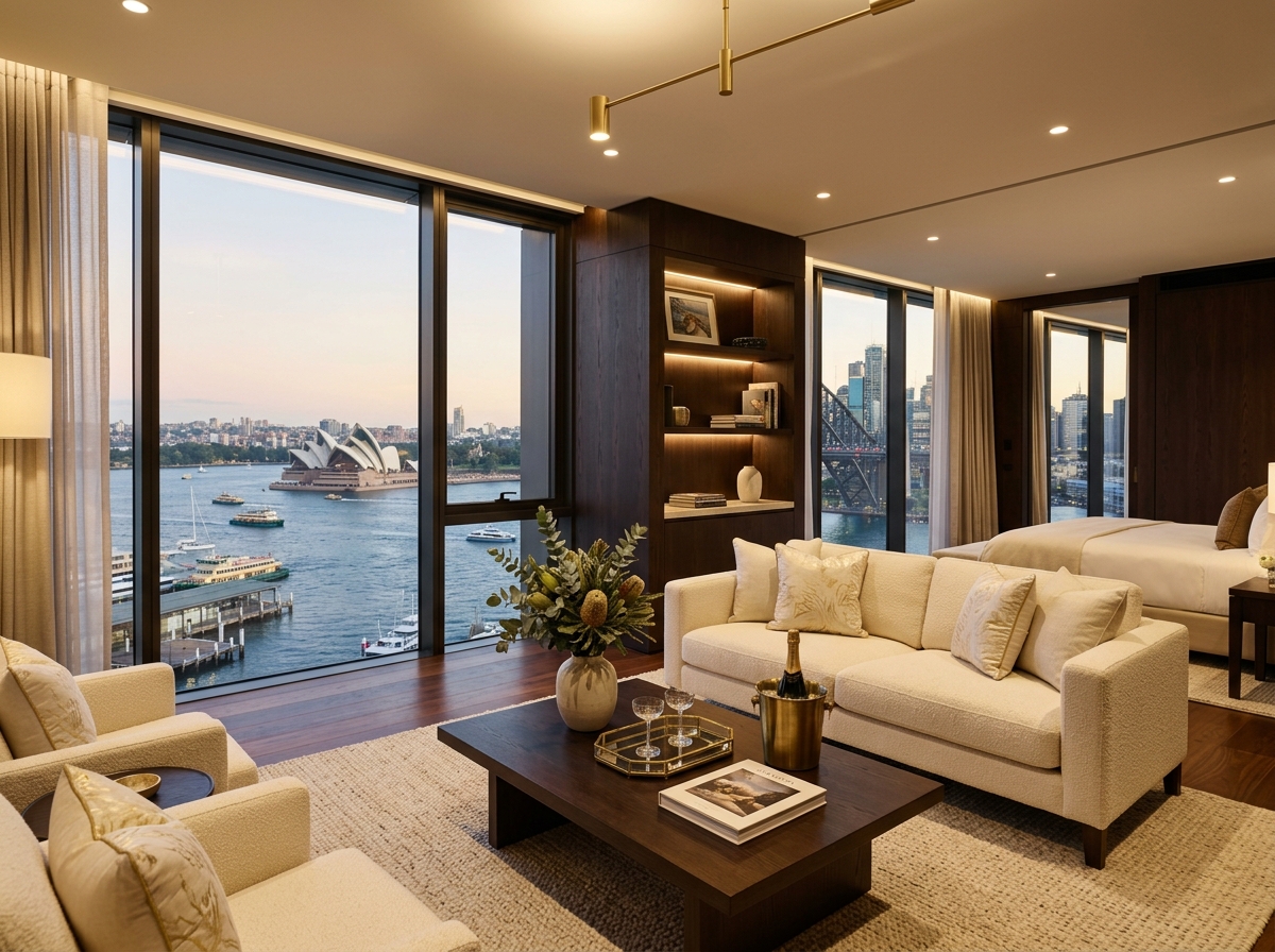 Luxury Sydney Harbour suite with floor-to-ceiling windows
