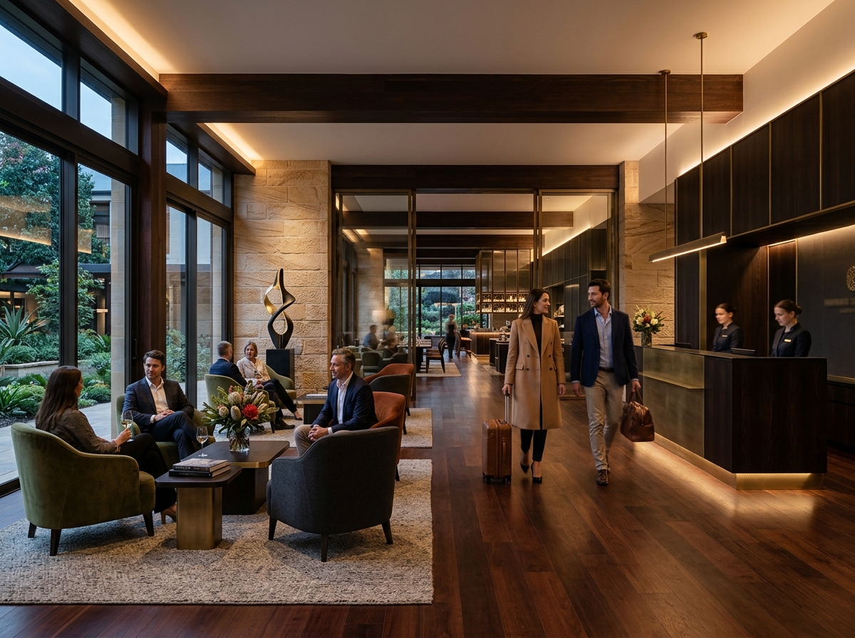 Contemporary luxury Australian hotel lobby with warm lighting and stone finishes